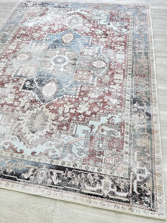 Fame Living Faded Oushak Rug, Turkish Vintage Floral Pastel Large Oversized Area Rugs for Living Room Dining Bedroom Kitchen Bathroom Nursery (848CrNv, 2' x 3')