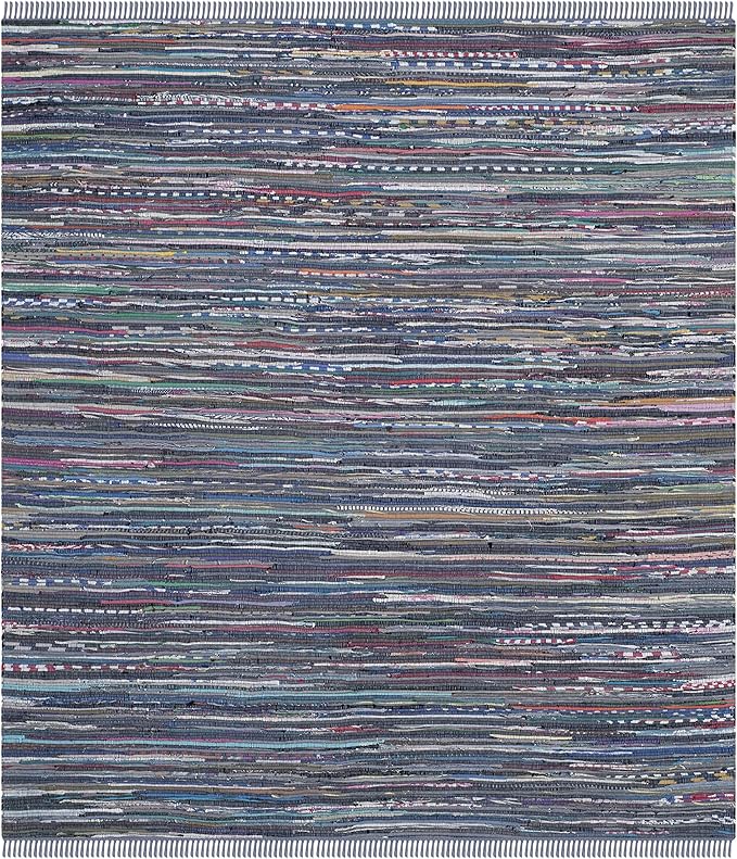 SAFAVIEH Rag Rug Collection Area Rug - 6' Square, Purple & Multi, Handmade Boho Stripe Cotton, Ideal for High Traffic Areas in Living Room, Bedroom (RAR121D)