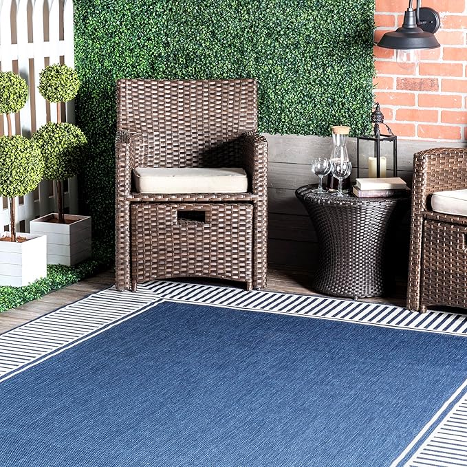 Nuloom Asha Navy/Ivory, 8' Square, Casual, Striped Border, Soft and Cozy, High Traffic, Stain Resistant, Easy Clean, Durable Area Rug for Indoor/Outdoor Patio, Deck, Porch, Garden, Courtyard