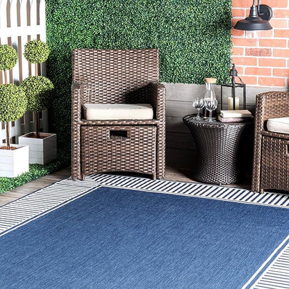 Nuloom Asha Navy/Ivory, 8' Square, Casual, Striped Border, Soft and Cozy, High Traffic, Stain Resistant, Easy Clean, Durable Area Rug for Indoor/Outdoor Patio, Deck, Porch, Garden, Courtyard