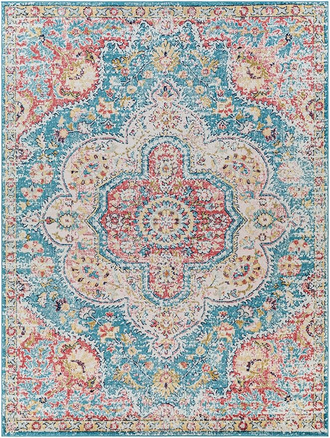 Livabliss Area Rugs - 5x7 Romaine Vintage Boho Navy Sky Blue Rose Area Rug for Living Room Bedroom - Floral Medallion Stain Resistant Carpet for Kitchen, Nursery, Office (5'3" x 7'6")