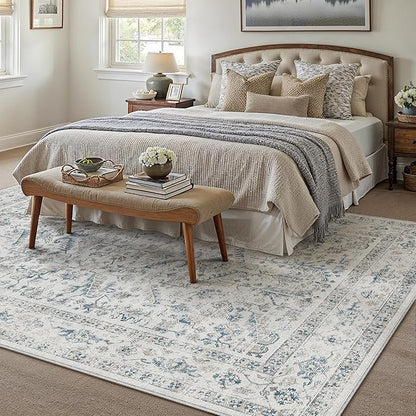 Blue 6x9 Area Rug Vintage Washable Living Room Carpet Non Slip Bedroom Indoor Office Low Pile Large Traditional Distressed Retro Accent Rug for Dining Room Bathroom Kitchen