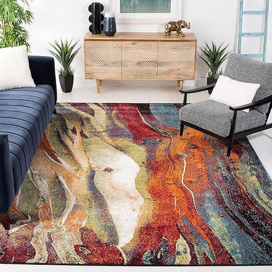 SAFAVIEH Glacier Collection Area Rug - 3' Square, Red & Green, Modern Abstract Design, Non-Shedding & Easy Care, Ideal for High Traffic Areas in Living Room, Bedroom (GLA126Q)