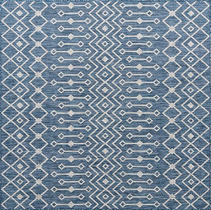 Unique Loom Outdoor Trellis Collection Area Rug - Tribal Trellis (8' Square, Blue/ Ivory)