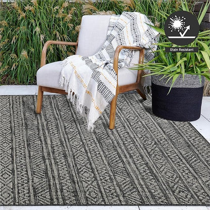 FH Home Flat Woven Outdoor Rug - Waterproof, Easy to Clean, Stain resistant - Premium Polypropylene Yarn - Striped Boho - Patio,Deck,Porch,Balcony, Laundry Room - Amman - Charcoal - 3ft 11in x 5ft 6in