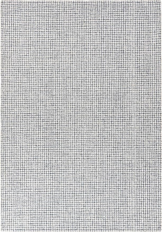 Hand-Tufted 100% Wool Pile Area Rug – Geometric Textured Grid Check Pattern – Thick and Durable Floor Carpet for Bedroom, Living Room, Kids Room, and Dining Area (Ivory Denim, 6' x 8')