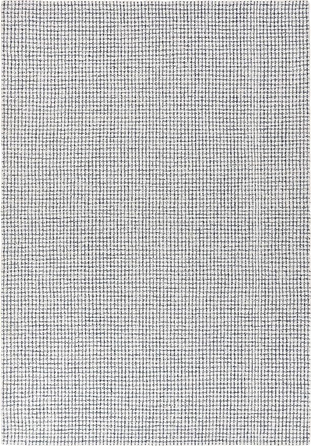 Hand-Tufted 100% Wool Pile Area Rug – Geometric Textured Grid Check Pattern – Thick and Durable Floor Carpet for Bedroom, Living Room, Kids Room, and Dining Area (Ivory, Denim, 9' x 12')