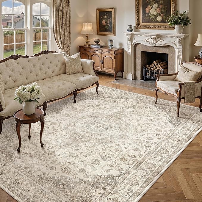 HUGEAR Area Rug 6x9 Vintage Brown Machine Washable Living Room Rugs Thin Neutral Floral Vacuumable Low Pile Carpet Bedroom Office Dining Room Laundry Room Non Slip Soft Lightweight