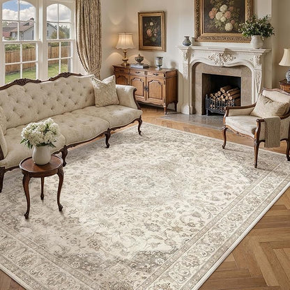 HUGEAR Area Rug 8x10 Vintage Brown Machine Washable Living Room Rugs Thin Neutral Floral Vacuumable Low Pile Carpet Bedroom Office Dining Room Laundry Room Non Slip Soft Lightweight