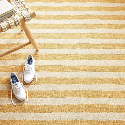 Dash & Albert Silas Stripe Gold Hand Micro Hooked Wool Rug, 7.5 X 9.5 Feet, Yellow/Orange Stripe Pattern - Premium Luxury Hotel Quality Soft Breathable Hypoallergenic Machine Washable Easy Care All