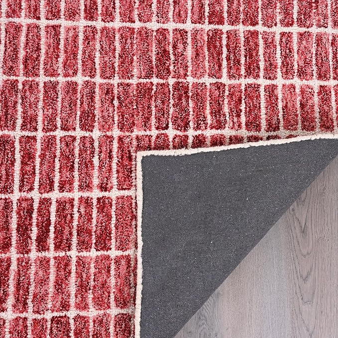 Hand-Tufted 100% Wool Area Rug – Unique Modern Geometric Grid Pattern, Soft Plush Textured Carpet for Living Room, Bedroom, Dining Room & Entryway (Brick Red, 4' x 6')