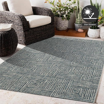 FH Home Outdoor Rug - Waterproof Easy to Clean Stain Resistant - Patio Indoor Outdoor Porch Deck Balcony Entryway - Geometric Modern - Budapest - Aqua - 7ft 8in x 9ft 8in