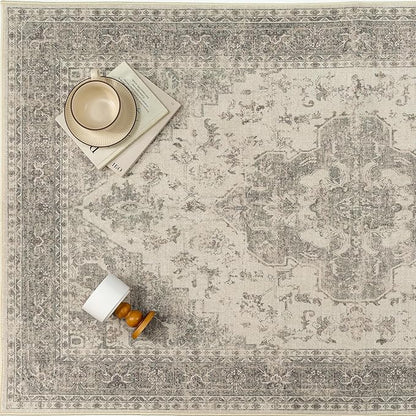 5x7 Washable Area Rug Beige Grey Vintage Distressed Rug for Office Oriental Soft Thin Indoor Retro Gray Carpet Non Slip Low Pile Floor Cover for Living Ding Room Bedroom Laundry Dorm