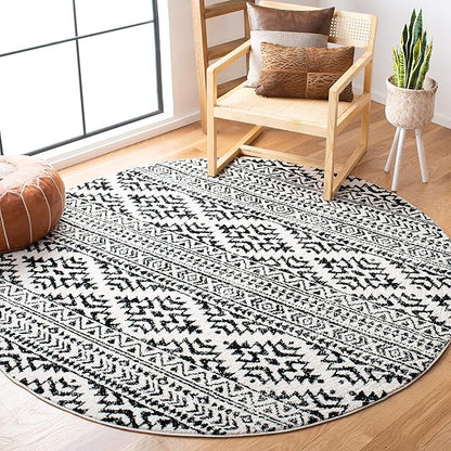 SAFAVIEH Tulum Collection Area Rug - 6'7" Round, Ivory & Black, Moroccan Boho Tribal Design, Non-Shedding & Easy to Clean, Ideal for Living Room, Bedroom, Dining Space (TUL272B)