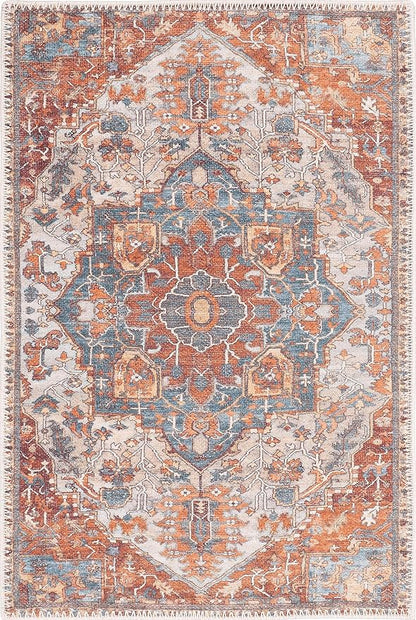 GLN Rugs Traditional Collection - Machine Washable Area Rug, Traditional Washable, Non Slip, Low Pile Chenille Rug, Living Room, Bedroom, Kitchen Rug (2' x 3' Cream/Terra)