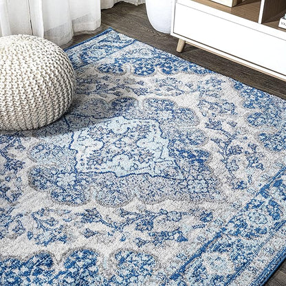 JONATHAN Y Boho Vintage Cream/Blue 5x5 Square Area Rug, Bohemian Flair Medallion, Floral Easy-Cleaning High Traffic for Living Room, Bedroom, Kitchen, Pet-Friendly, Non Shedding (BMF106AB-5SQ)