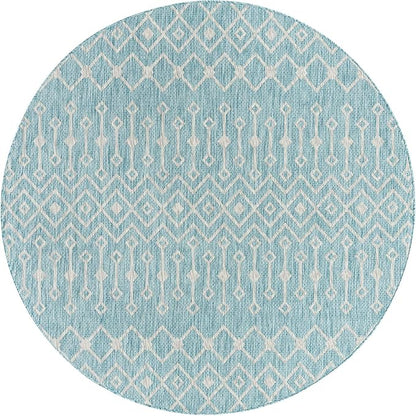 Unique Loom Outdoor Trellis Collection Area Rug - Tribal Trellis (7' 10" Round, Aqua/ Ivory)