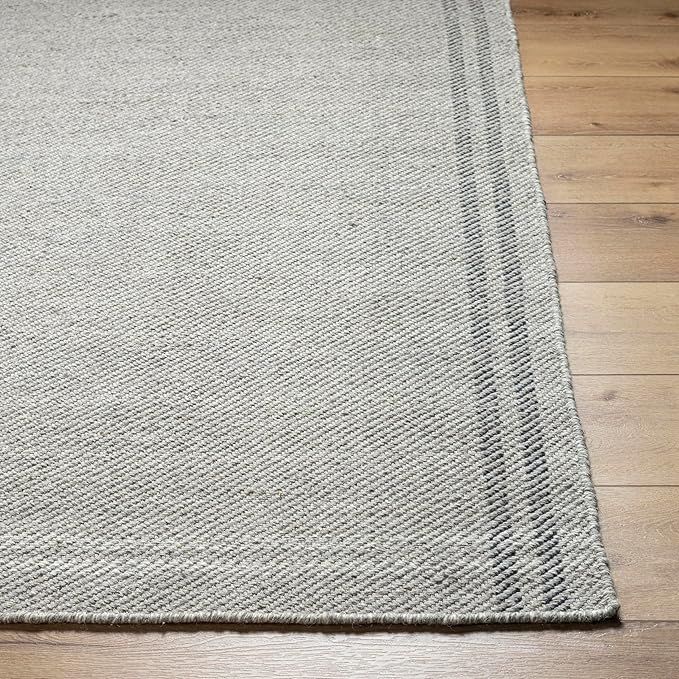 Mark&Day Wool Rugs, 2x8 Janmichael Solid and Border Gray/Black Runner Area Rug, Grey Ivory Black Carpet for Hallway, Kitchen, Bedroom or Living Room (2'6" x 8' Runner)