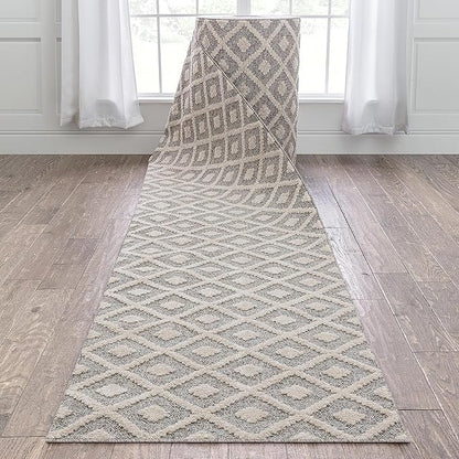 Well Woven Custom Size Hallway Stair Runner - Choose Your Length - Ainsley Ivory Diamond Trellis Geometric Tribal - 31 Inches Wide x 99 Feet Long Runner (31" x 99' Runner) Rug