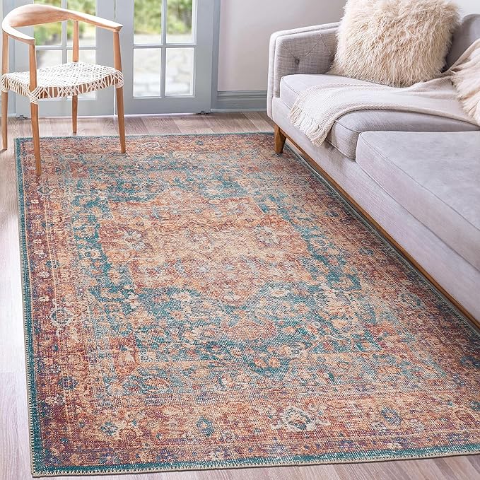 GLN Rugs Traditional Collection - Machine Washable Area Rug, Traditional Washable, Non Slip, Low Pile Chenille Rug, Living Room, Bedroom, Kitchen Rug (8' x 10' Terra/Green)