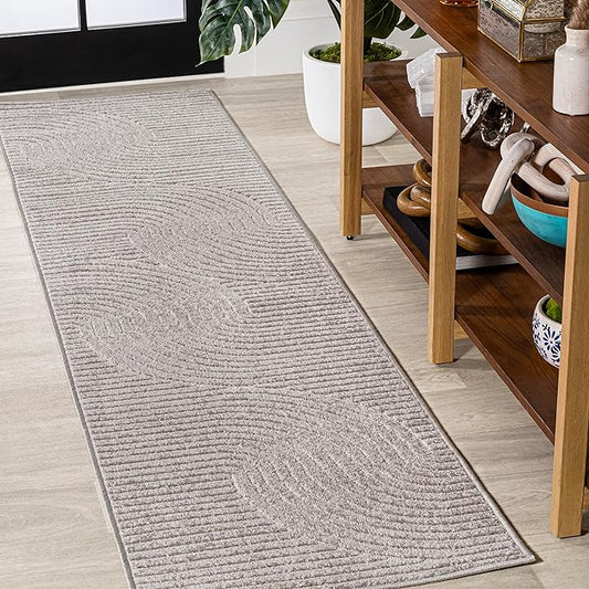 JONATHAN Y Hallie High-Low Curve Gray/Ivory Indoor/Outdoor Runner Rug, 2x10, Minimalist, Pet Friendly, Non-Shedding, Stain Resistant, Hose-Washable for Backyard, Patio, Porch (SCN100A-210)