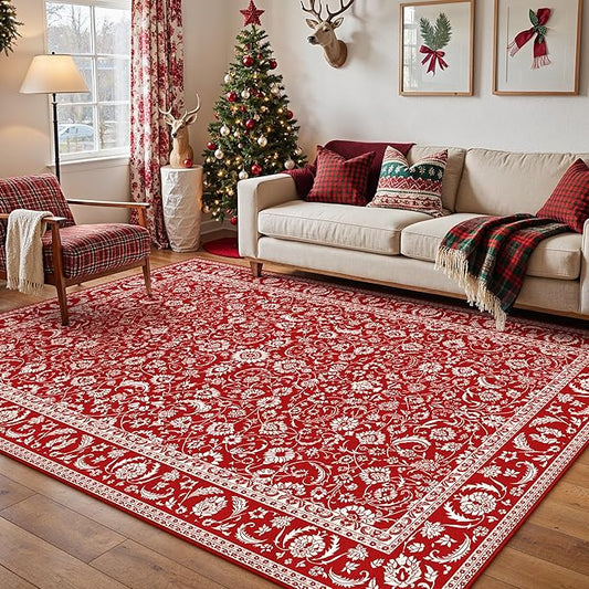 HUGEAR Christmas 5x7 Machine Washable Rugs Red Hallway Area Rug Indoor Accent Rug Floral Low Pile Carpet Soft Throw Aesthetic Rug Bedroom Living Room Office Dining Room Kitchen Laundry Room Non Slip