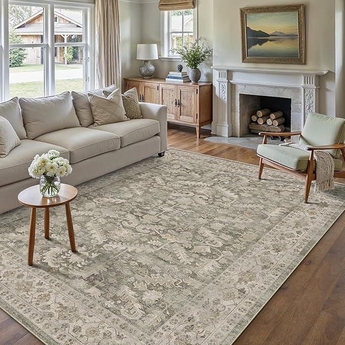 Brown 8x10 Area Rug Vintage Washable Living Room Carpet Non Slip Bedroom Indoor Office Low Pile Large Traditional Distressed Retro Accent Rug for Dining Room Bathroom Kitchen