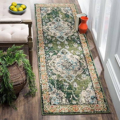 SAFAVIEH Monaco Collection Runner Rug - 2'2" x 10', Forest Green & Light Blue, Medallion Distressed Design, Non-Shedding & Easy Care, Ideal for High Traffic Areas in Living Room, Bedroom (MNC243F)