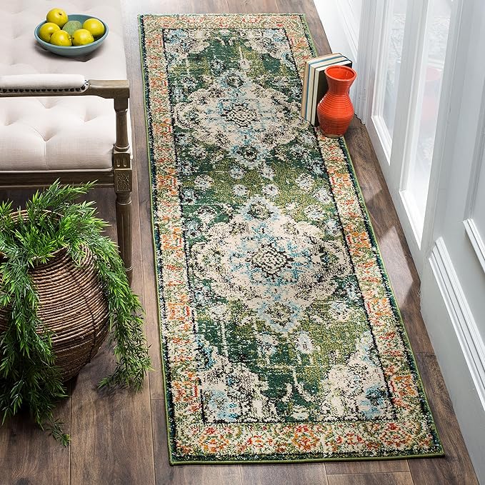 SAFAVIEH Monaco Collection Runner Rug - 2'2" x 20', Forest Green & Light Blue, Medallion Distressed Design, Non-Shedding & Easy Care, Ideal for High Traffic Areas in Living Room, Bedroom (MNC243F)