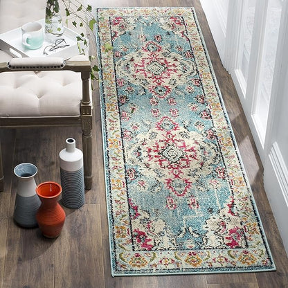 SAFAVIEH Monaco Collection Runner Rug - 2'2" x 18', Light Blue & Fuchsia, Medallion Distressed Design, Non-Shedding & Easy Care, Ideal for High Traffic Areas in Living Room, Bedroom (MNC243J)