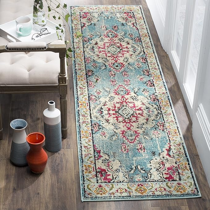 SAFAVIEH Monaco Collection Runner Rug - 2'2" x 12', Light Blue & Fuchsia, Medallion Distressed Design, Non-Shedding & Easy Care, Ideal for High Traffic Areas in Living Room, Bedroom (MNC243J)