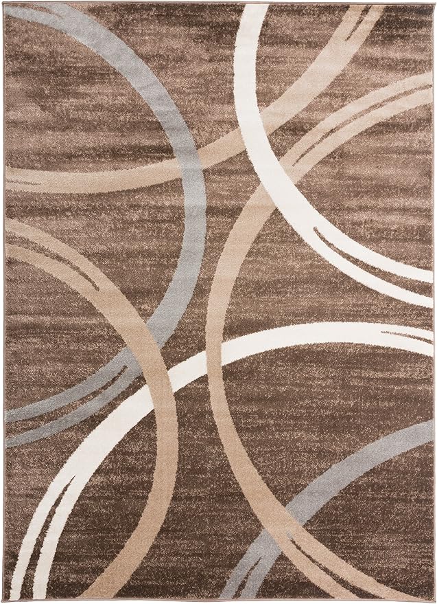 Rugshop Modern Wavy Circles Design Area Rug, Carpet with Jute Backing for Bedroom, Office, or Entryway, Brown, 4' x 6'
