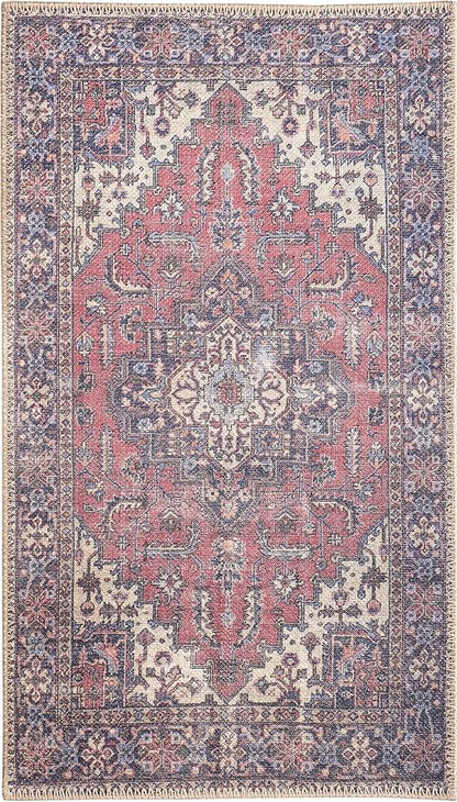 GLN Rugs Traditional Collection - Machine Washable Area Rug, Traditional Washable, Non Slip, Low Pile Chenille Rug, Living Room, Bedroom, Kitchen Rug (2' x 3' Multi Blue)