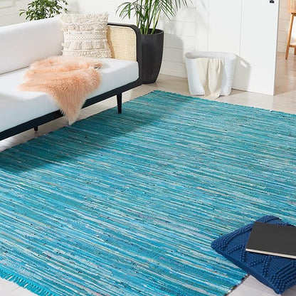 SAFAVIEH Rag Rug Collection Area Rug - 10' x 14', Blue & Multi, Handmade Boho Stripe Cotton, Ideal for High Traffic Areas in Living Room, Bedroom (RAR121B)