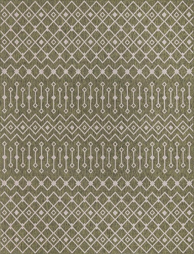 Unique Loom Outdoor Trellis Collection Area Rug - Tribal Trellis (10' x 13' Rectangle, Green/ Natural)