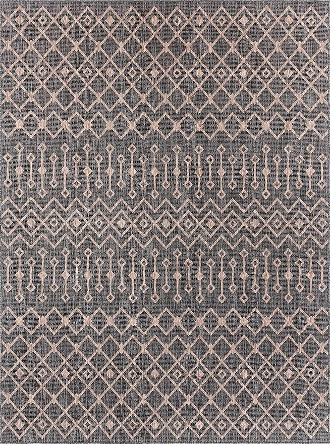 Unique Loom Outdoor Trellis Collection Area Rug - Tribal Trellis (9' x 12' Rectangle, Charcoal Gray/ Natural)