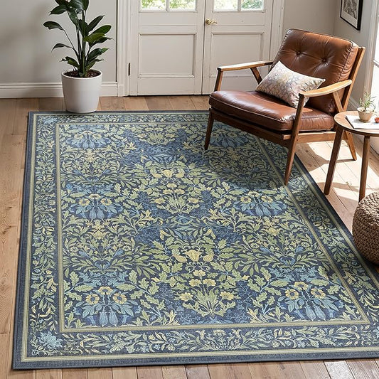 Bavni Floral Dark Blue Area Rugs 5x7, Vintage Boho Carpet Machine Washable, Non Slip Soft Low Pile Thin Rug for Bedroom, Living Room, Dining Room, Nursery