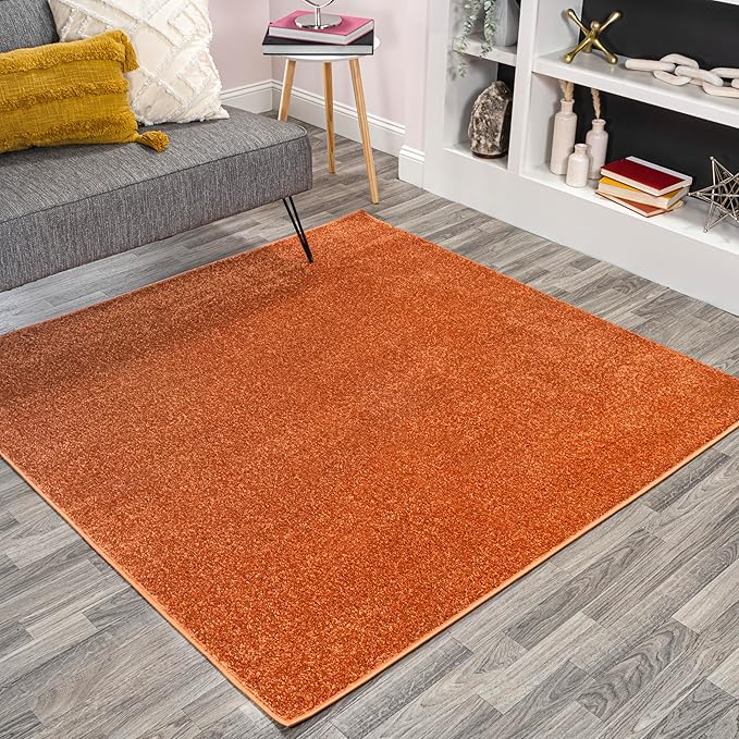 Eyely UES100M-6SQ Haze Solid Low-Pile Orange 6' Square Area Rug, Pet Friendly, Stain Resistant, Easy Cleaning, for Bedroom, Living Room, Kitchen