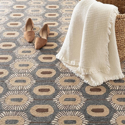 Dash & Albert Stowe Hand Micro Hooked Wool Rug, 7.5 X 9.5 Feet, Blue/Browns Geometric Pattern