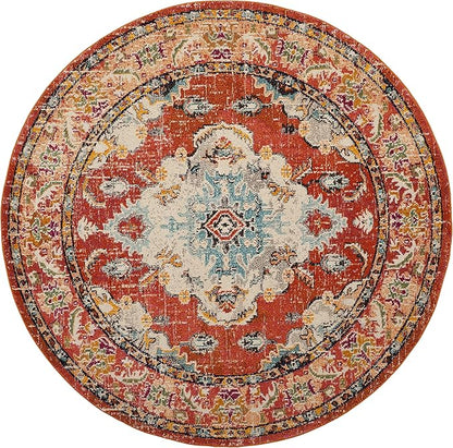 SAFAVIEH Monaco Collection Area Rug - 6'7" Round, Orange & Light Blue, Boho Chic Medallion Distressed Design, Non-Shedding & Easy Care, Ideal for High Traffic Areas in Living Room, Bedroom (MNC243H)