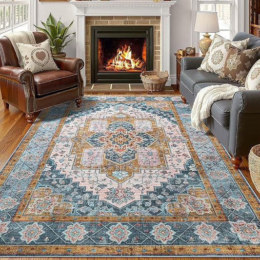 YJ.GWL Area Rugs for Living Room 5x7 Machine Washable Rugs, Non Slip Floral Vintage Rug Indoor Carpet, Stain Resistant Large Rug for Bedroom Dining Room, Brown Blue