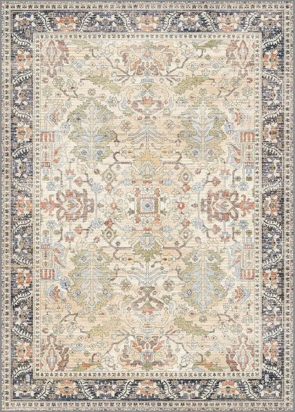 Bavni 6x9 Area Rugs Boho Washable Rugs for Living Room Non-Slip, Ultra Thin Low Pile Vintage Rug for Bedroom Dinning Room Office, Modern Farmhouse, Ivory/Teal
