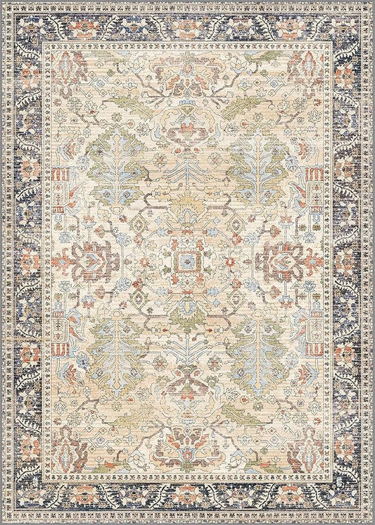 Bavni 6x9 Area Rugs Boho Washable Rugs for Living Room Non-Slip, Ultra Thin Low Pile Vintage Rug for Bedroom Dinning Room Office, Modern Farmhouse, Ivory/Teal