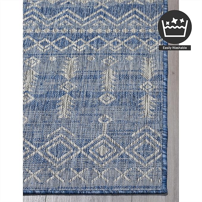 FH Home Flat Woven Outdoor Rug - Waterproof, Easy to Clean, Stain Resistant - Premium Polypropylene Yarn - Boho Moroccan - Patio, Porch, Deck, Balcony - Dakar - Blue - 5ft 2in x 7ft 6in