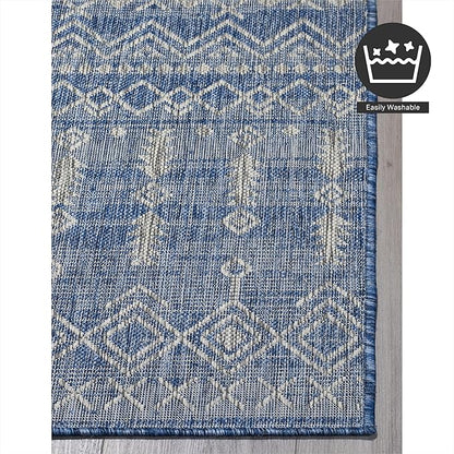 FH Home Flat Woven Outdoor Rug - Waterproof, Easy to Clean, Stain Resistant - Premium Polypropylene Yarn - Boho Moroccan - Large Patio, Deck, Sunroom - Dakar - Blue - 7ft 10in x 10ft 9in