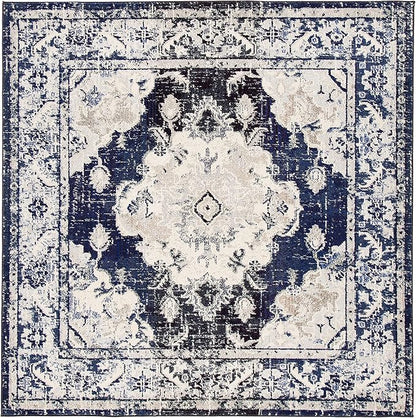 SAFAVIEH Monaco Collection Area Rug - 6'7" Square, Ivory & Navy, Boho Chic Medallion Distressed Design, Non-Shedding & Easy Care, Ideal for High Traffic Areas in Living Room, Bedroom (MNC243C)