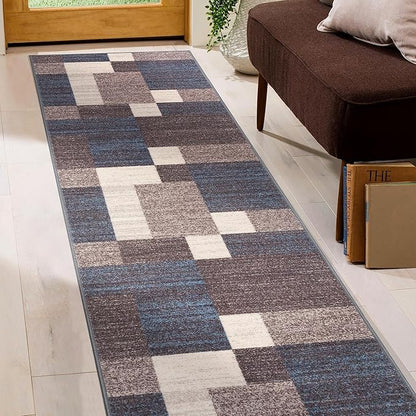 Rugshop Geometric Modern Boxes Design Non-Slip (Non-Skid) Carpet for Hallway,Kitchen,Entryway Runner Rug 2'7" x 6' Blue