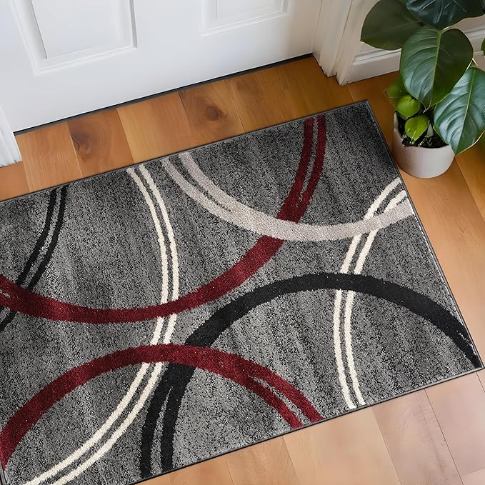 Rugshop Modern Wavy Circles Design Non-Shedding Accent Rug, Carpet for Entryway or Bathroom, Red, 2' x 3'