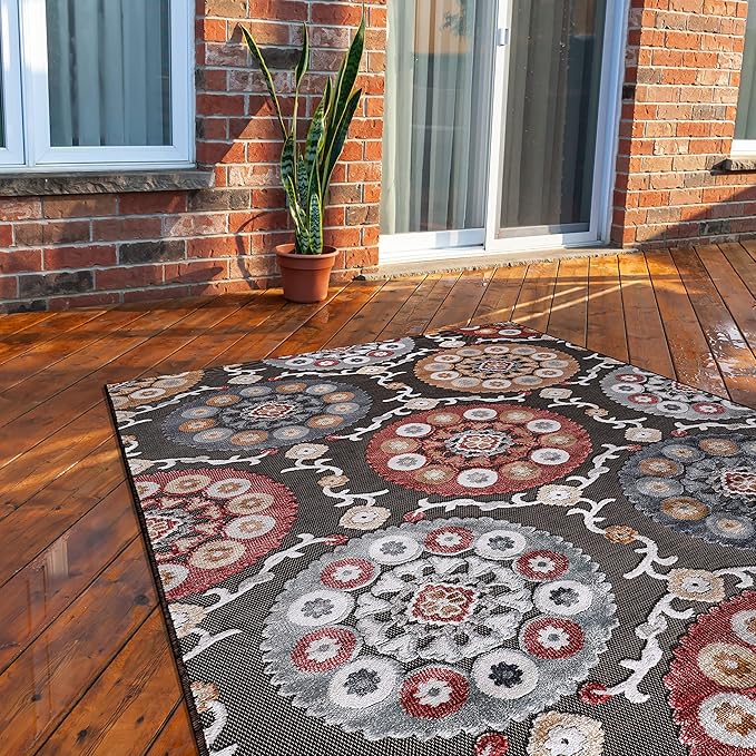 CAMILSON Indoor Outdoor Rug 10x14 Bohemian Medallion Floral Area Rugs for Indoor and Outdoor Patios Easy-Cleaning Non-Shedding Living Room Garden and Kitchen Washable Outside Carpet (10 x 14 / Brown)