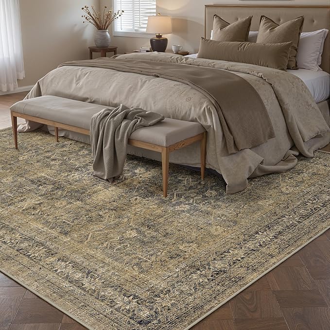 6x9 Brown Black Area Rug for Living Room Washable Vintage Distressed Carpet Large Bedroom Low Pile Non Slip Indoor Soft Retro Throw Accent Rug Office Kitchen Bathroom Dining Room